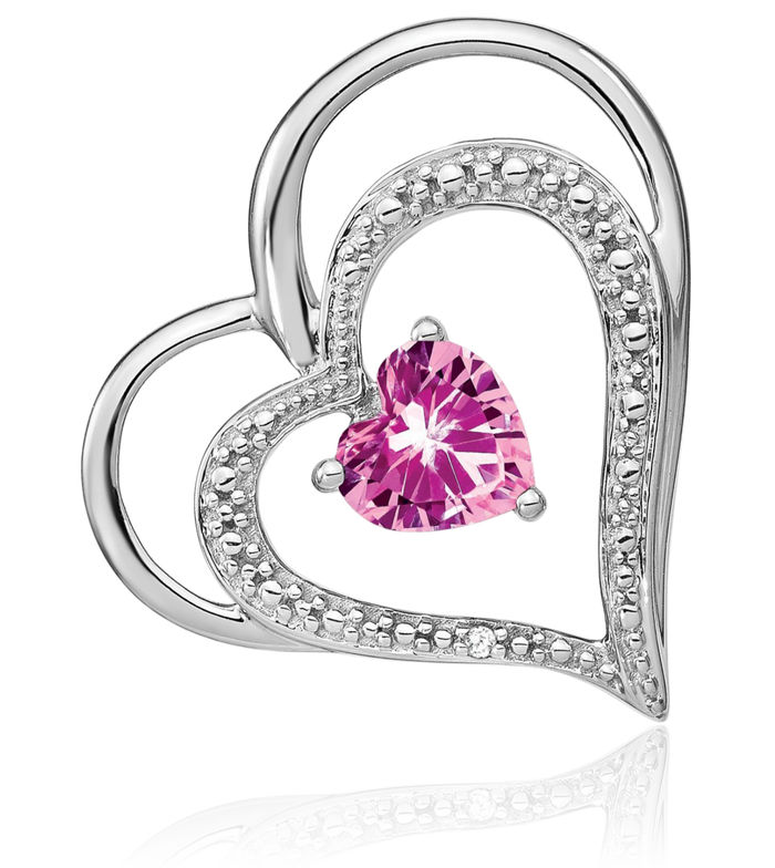 14K Solid White Gold Lab Pink Sapphire Diamond Heart Floating Chain Slide Gemstone Pendant Necklace Charm