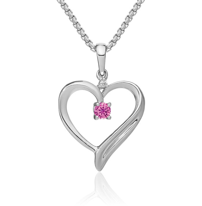 14K Solid White Gold Lab Pink Sapphire Diamond Heart Necklace Charm Gemstone Pendant