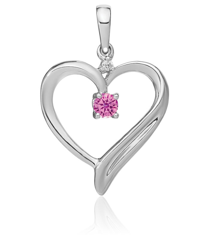 14K Solid White Gold Lab Pink Sapphire Diamond Heart Necklace Charm Gemstone Pendant