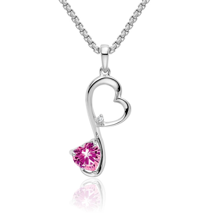 14K Solid White Gold Lab Pink Sapphire Diamond Heart Necklace Charm Gemstone Pendant