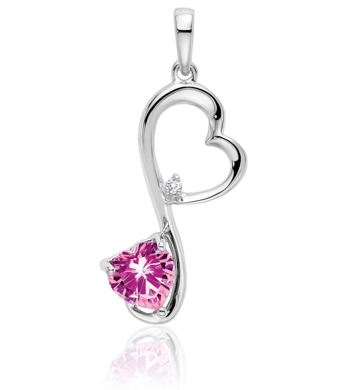 14K Solid White Gold Lab Pink Sapphire Diamond Heart Necklace Charm Gemstone Pendant