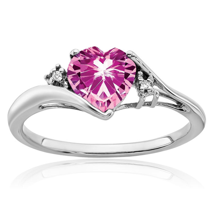 14K Solid White Gold Lab Pink Sapphire Diamond Heart Ring Love Band October Birthstone Jewelry