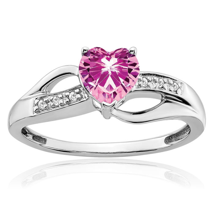 14K Solid White Gold Lab Pink Sapphire Diamond Heart Ring Love Band October Birthstone Jewelry