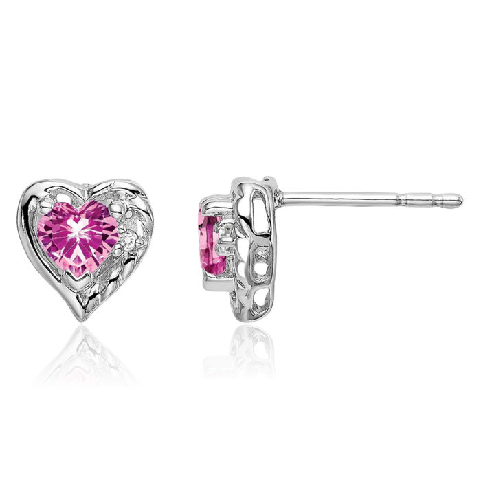 14K Solid White Gold Lab Pink Sapphire Diamond Heart Stud Earrings October Birthstone Jewelry