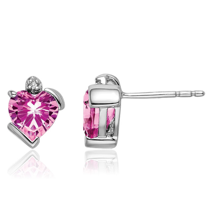 14K Solid White Gold Lab Pink Sapphire Diamond Heart Stud Earrings October Birthstone Jewelry