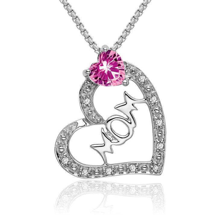 14K Solid White Gold Lab Pink Sapphire Diamond Mom Heart Necklace Mama Charm Gemstone Mother Pendant