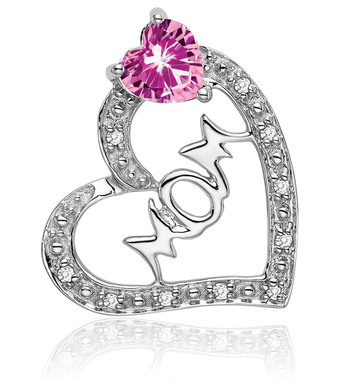 14K Solid White Gold Lab Pink Sapphire Diamond Mom Heart Necklace Mama Charm Gemstone Mother Pendant