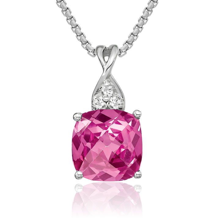 14K Solid White Gold Lab Pink Sapphire Diamond Necklace Gemstone Pendant Charm April October Birthstone Jewelry