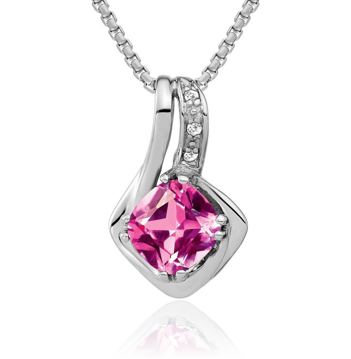 14K Solid White Gold Lab Pink Sapphire Diamond Necklace Charm Gemstone Pendant