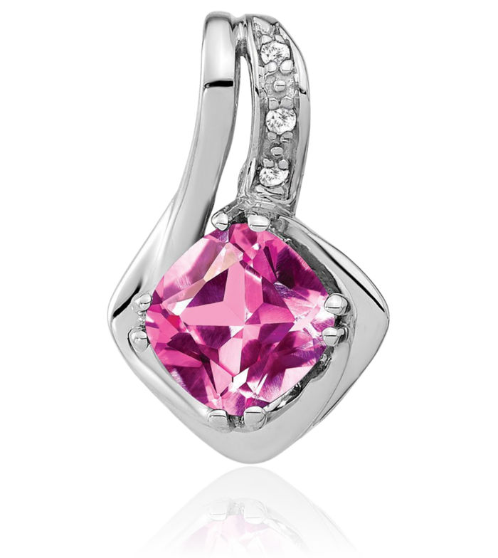 14K Solid White Gold Lab Pink Sapphire Diamond Necklace Charm Gemstone Pendant