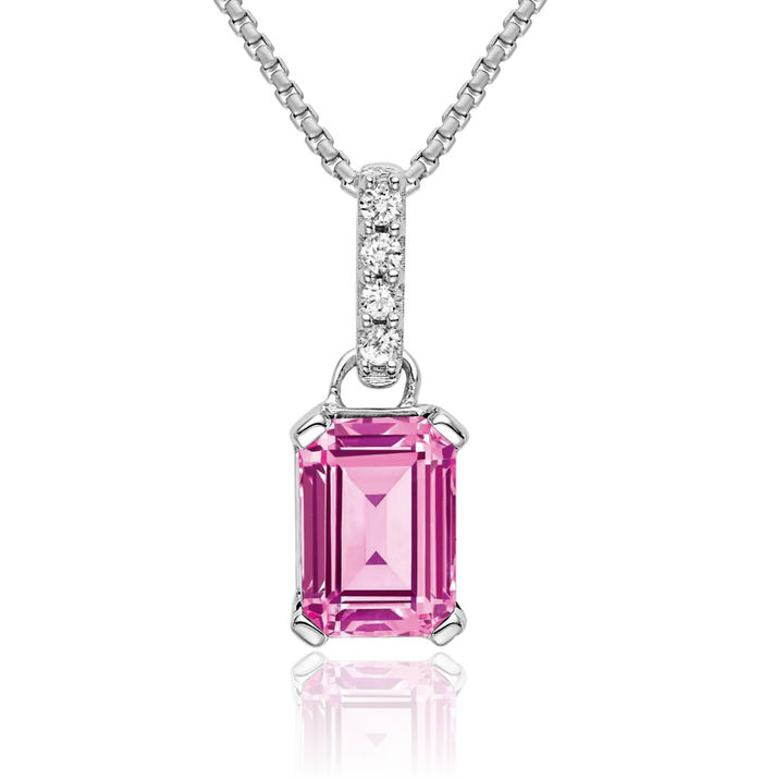 14K Solid White Gold Lab Pink Sapphire Diamond Necklace Gemstone Pendant Charm April October Birthstone Jewelry