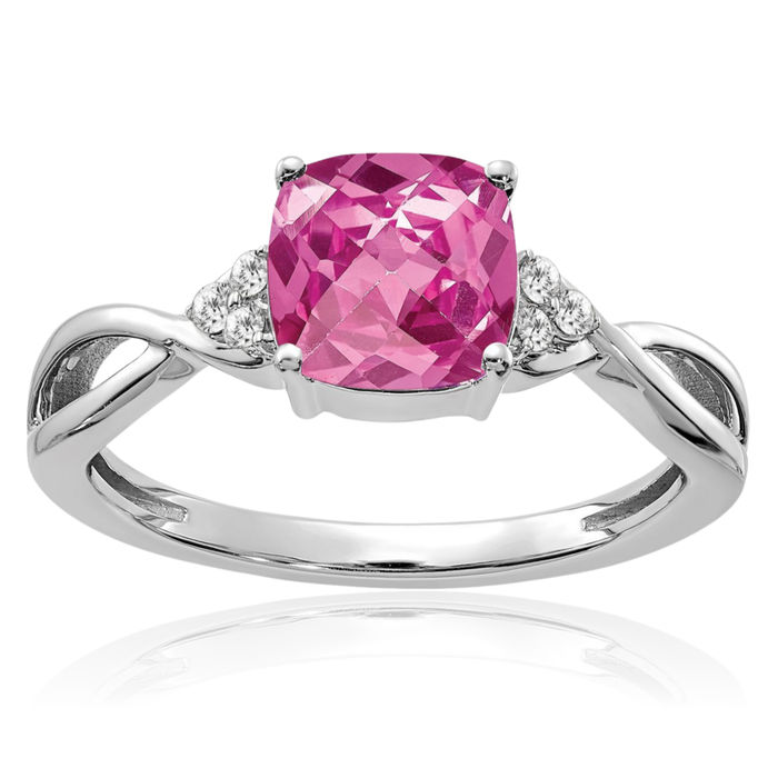 14K Solid White Gold Lab Pink Sapphire Diamond Ring October Birthstone Jewelry