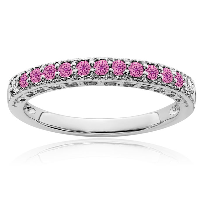 14K Solid White Gold Lab Pink Sapphire Diamond Ring October Birthstone Jewelry