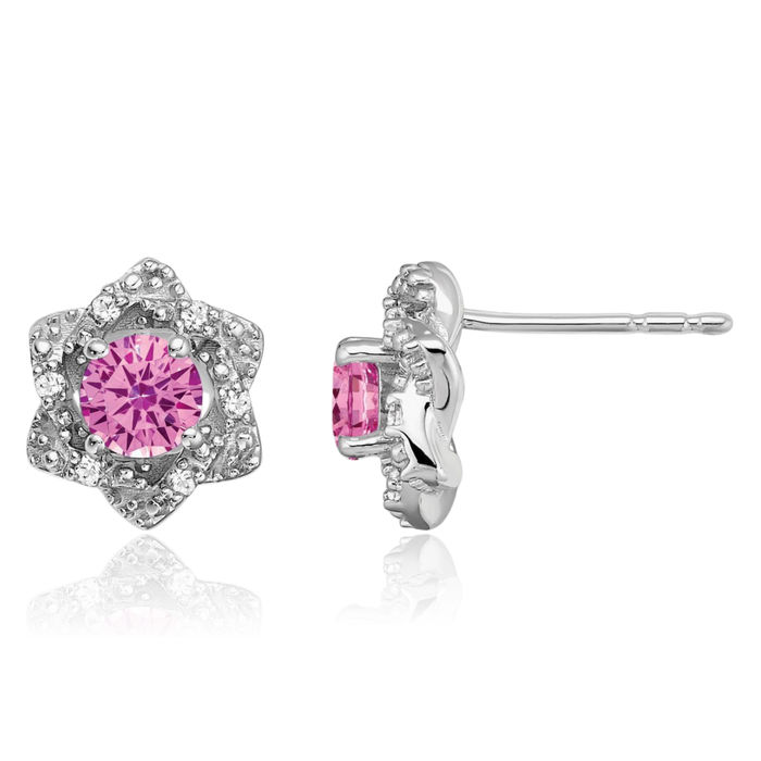 14K Solid White Gold Lab Pink Sapphire Diamond Stud Earrings October Birthstone Jewelry