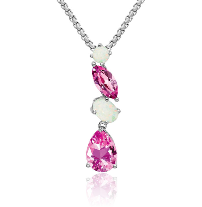 14K Solid White Gold Lab Pink Sapphire Opal Floating Chain Slide Gemstone Pendant Necklace Charm