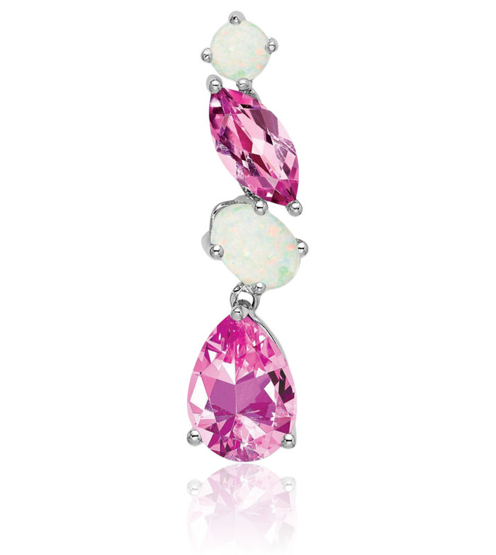 14K Solid White Gold Lab Pink Sapphire Opal Floating Chain Slide Gemstone Pendant Necklace Charm