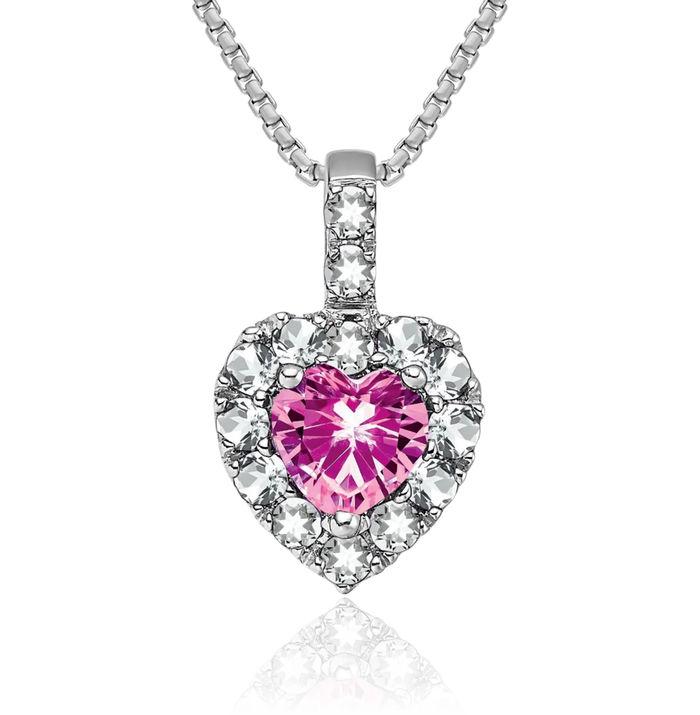 14K Solid White Gold Lab Pink Sapphire Topaz Halo Round Heart Necklace Charm Gemstone Pendant