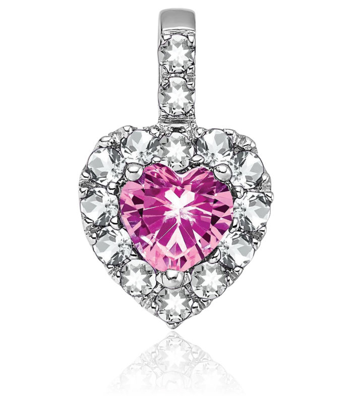 14K Solid White Gold Lab Pink Sapphire Topaz Halo Round Heart Necklace Charm Gemstone Pendant