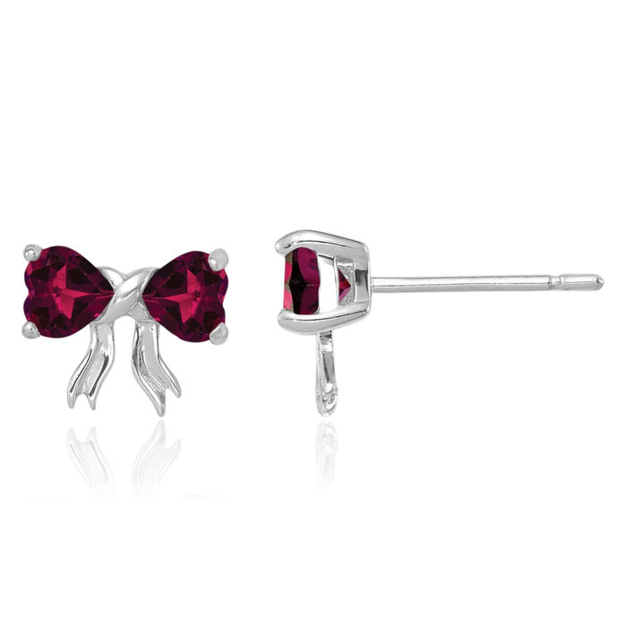 14K Solid White Gold Lab Red Ruby Bow Heart Stud Earrings July Birthstone Jewelry