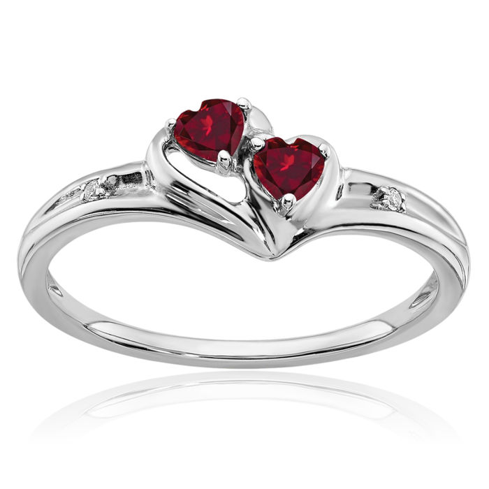 10K Solid White Gold Lab Red Ruby Diamond 2 Stone Heart Ring Love Band July Birthstone Jewelry