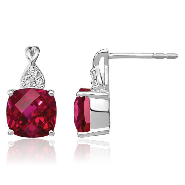 14K Solid White Gold Lab Red Ruby Diamond Drop Dangle Earrings Gemstone Post Push Back July Birthstone Jewelry