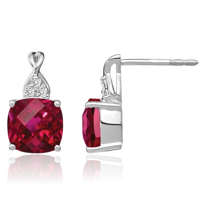 14K Solid White Gold Lab Red Ruby Diamond Drop Dangle Earrings Gemstone Post Push Back July Birthstone Jewelry