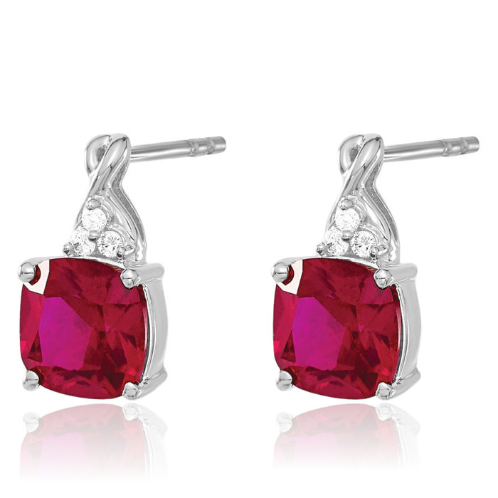 14K Solid White Gold Lab Red Ruby Diamond Drop Dangle Earrings Gemstone Post Push Back July Birthstone Jewelry