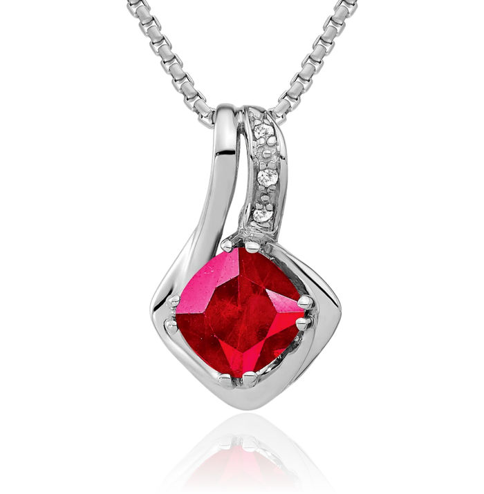 14K Solid White Gold Lab Red Ruby Diamond Floating Chain Slide Gemstone Pendant Necklace Charm