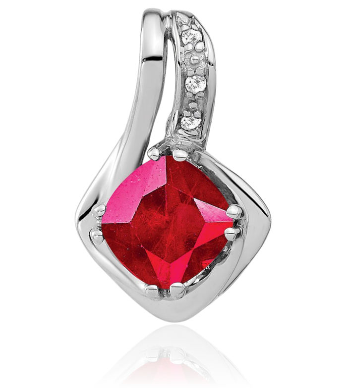 14K Solid White Gold Lab Red Ruby Diamond Floating Chain Slide Gemstone Pendant Necklace Charm