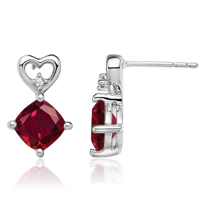 14K Solid White Gold Lab Red Ruby Diamond Heart Drop Dangle Earrings July Birthstone Jewelry