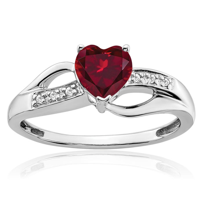 14K Solid White Gold Lab Red Ruby Diamond Heart Ring Love Band July Birthstone Jewelry