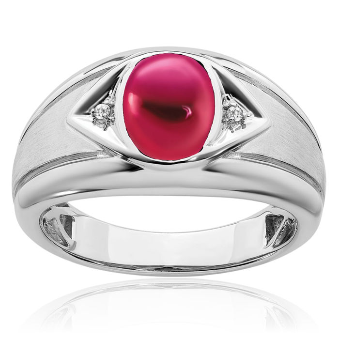 14K Solid White Gold Lab Red Ruby Diamond Mens Ring