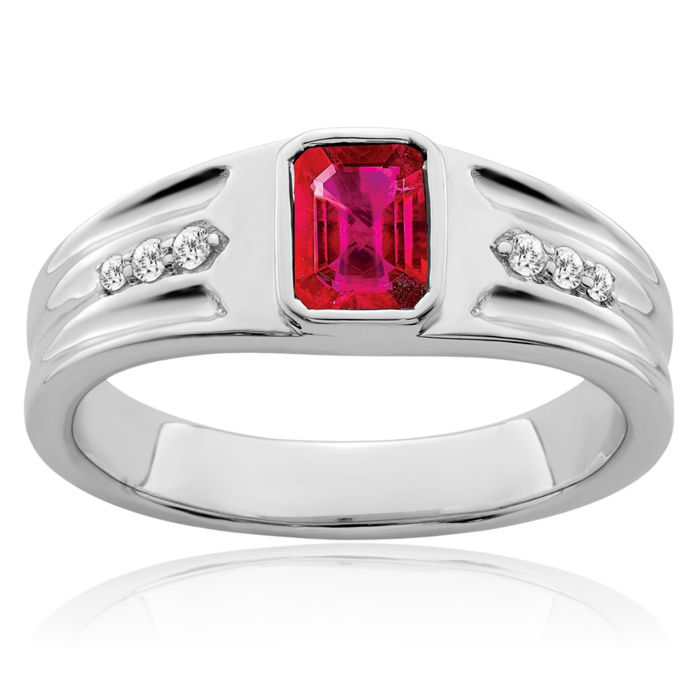 14K Solid White Gold Lab Red Ruby Diamond Mens Ring