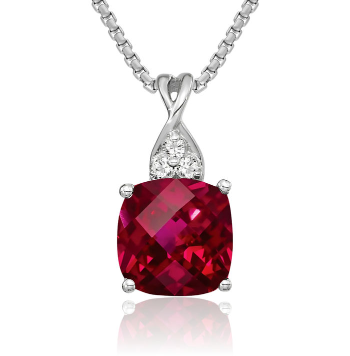 14K Solid White Gold Lab Red Ruby Diamond Necklace Gemstone Pendant Charm April July Birthstone Jewelry