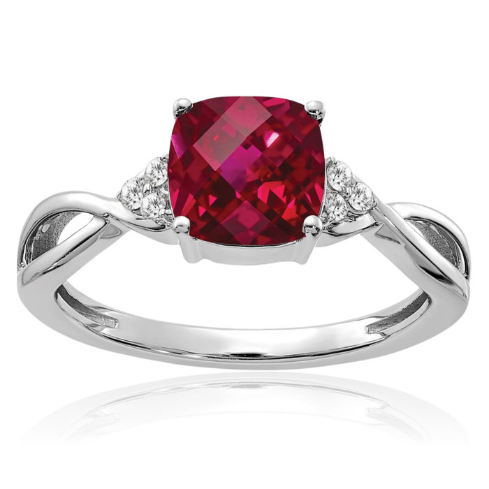 14K Solid White Gold Lab Red Ruby Diamond Ring July Birthstone Jewelry