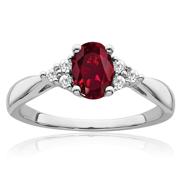 14K Solid White Gold Lab Red Ruby Diamond Ring July Birthstone Jewelry