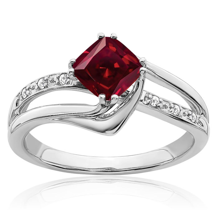 14K Solid White Gold Lab Red Ruby Diamond Ring July Birthstone Jewelry