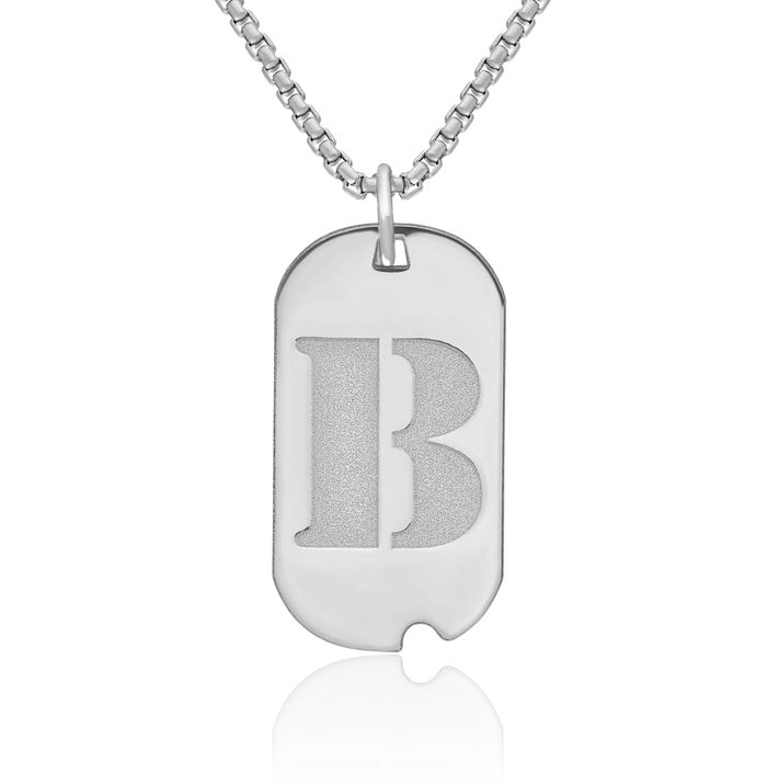 14K Solid White Gold Dainty Letter B Initial Name Monogram Dog Tag Necklace Chain Pendant Charm