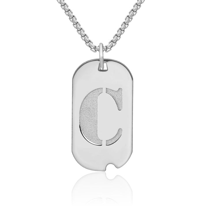 14K Solid White Gold Dainty Letter C Initial Name Monogram Dog Tag Necklace Chain Pendant Charm