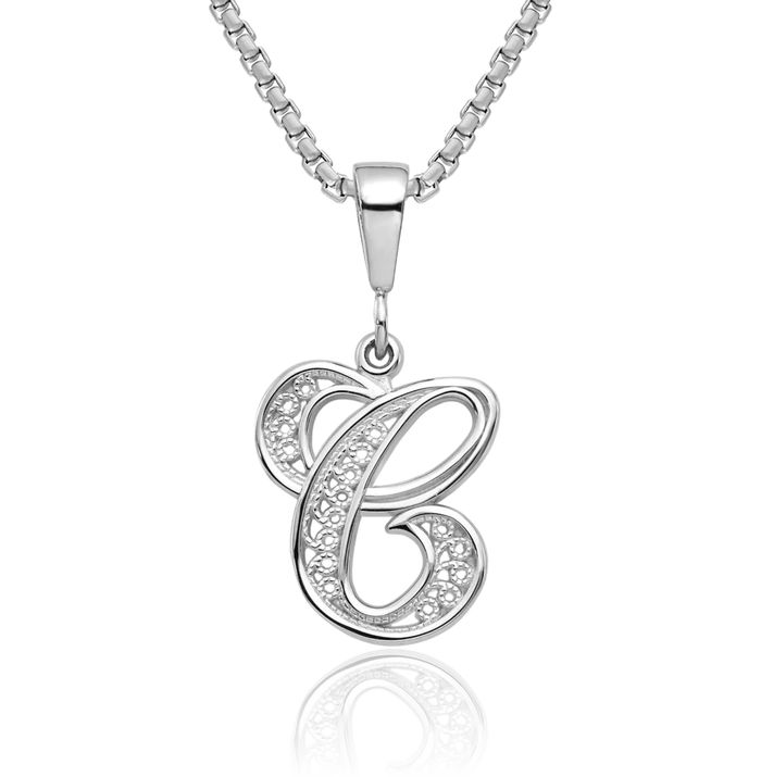 14K Solid White Gold Dainty Letter C Initial Name Monogram Necklace Chain Pendant Charm