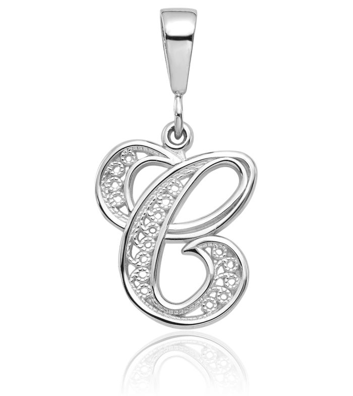 14K Solid White Gold Dainty Letter C Initial Name Monogram Necklace Chain Pendant Charm