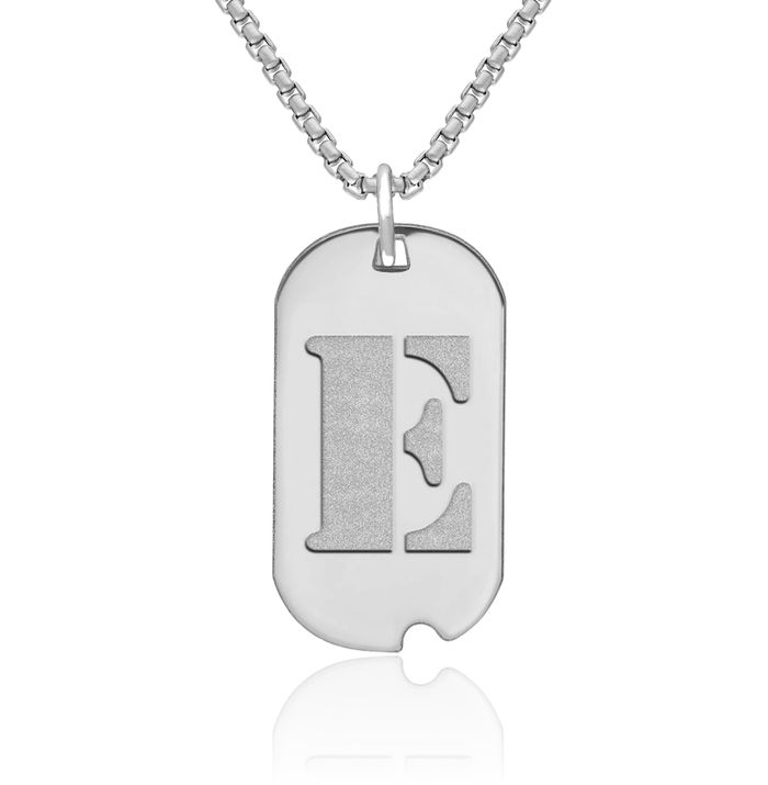 14K Solid White Gold Dainty Letter E Initial Name Monogram Dog Tag Necklace Chain Pendant Charm