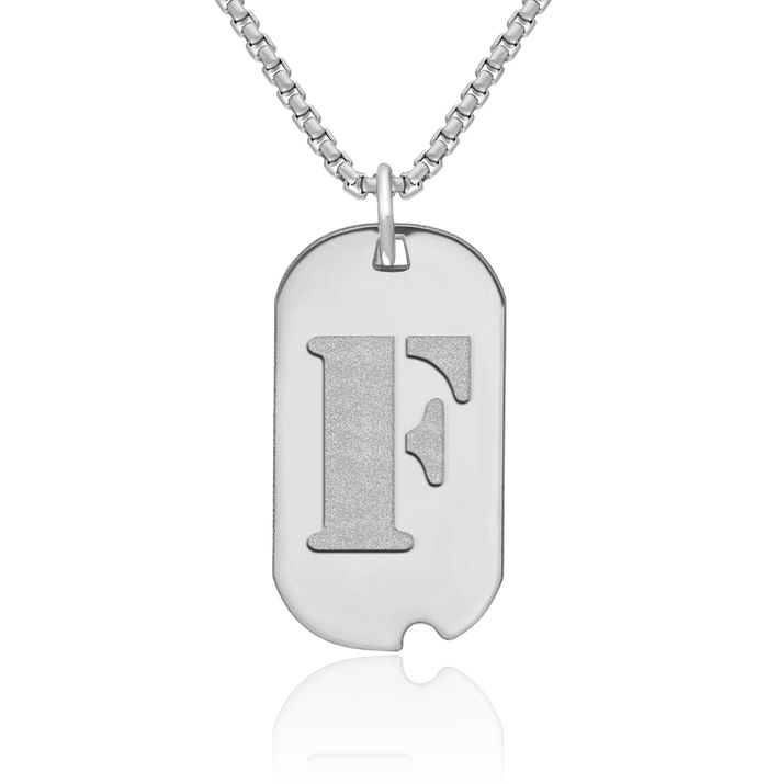 14K Solid White Gold Dainty Letter F Initial Name Monogram Dog Tag Necklace Chain Pendant Charm