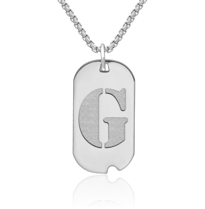 14K Solid White Gold Dainty Letter G Initial Name Monogram Dog Tag Necklace Chain Pendant Charm