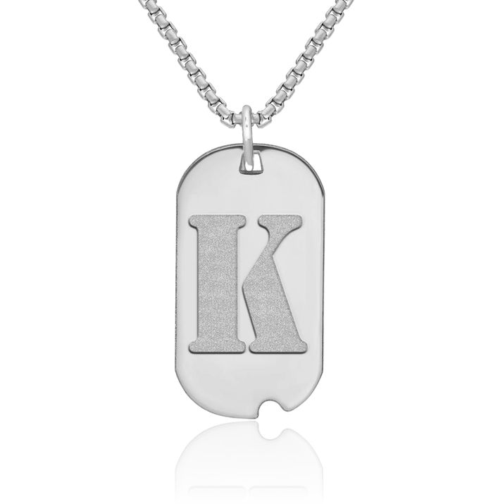 14K Solid White Gold Dainty Letter K Initial Name Monogram Dog Tag Necklace Chain Pendant Charm