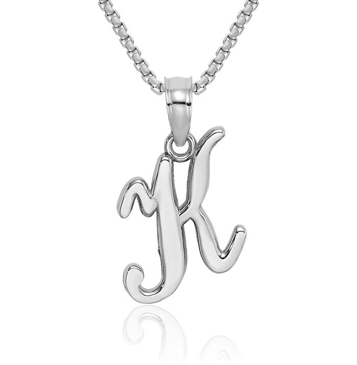 14K Solid White Gold Dainty Letter K Initial Name Monogram Necklace Chain Pendant Charm