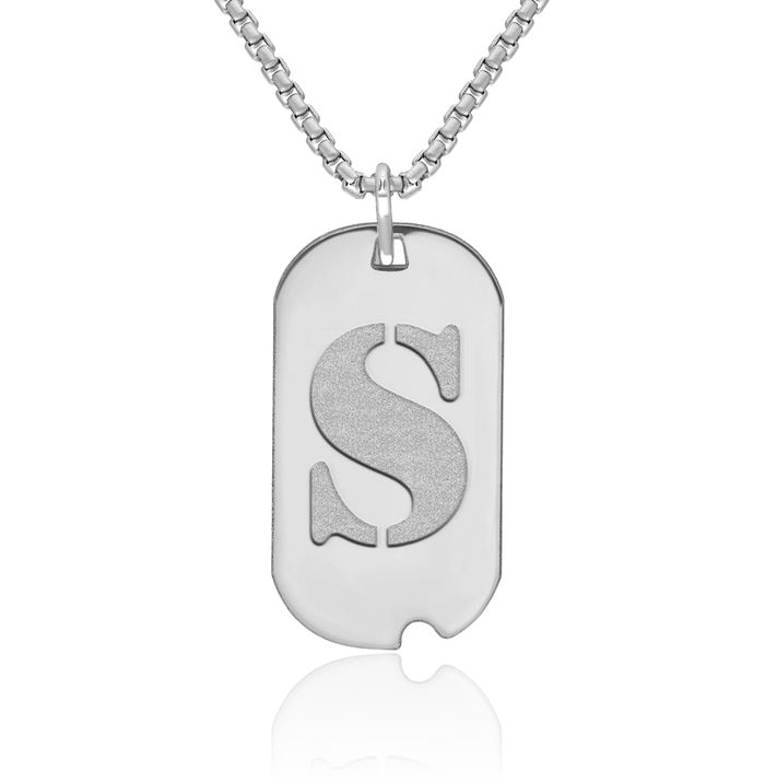 14K Solid White Gold Dainty Letter S Initial Name Monogram Dog Tag Necklace Chain Pendant Charm