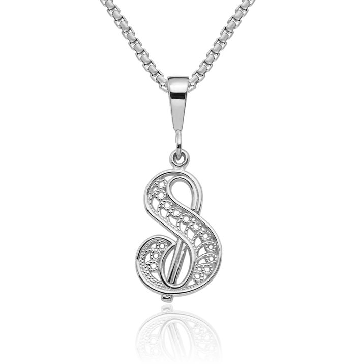 10K Solid White Gold Dainty Letter S Initial Name Monogram Necklace Chain Pendant Charm