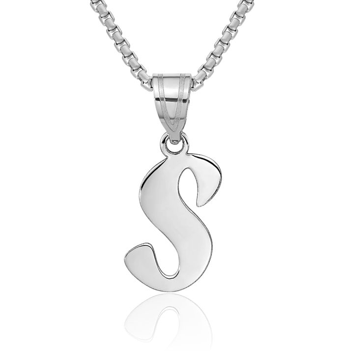 14K Solid White Gold Dainty Letter S Initial Name Monogram Necklace Chain Pendant Charm