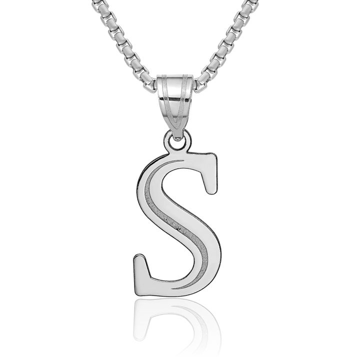 14K Solid White Gold Dainty Letter S Initial Name Monogram Necklace Chain Pendant Charm